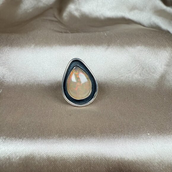 Ethiopian Opal Teardrop Natural Gemstone Silver Ring Statement Jewelry Size 6.25 - Picture 1 of 5